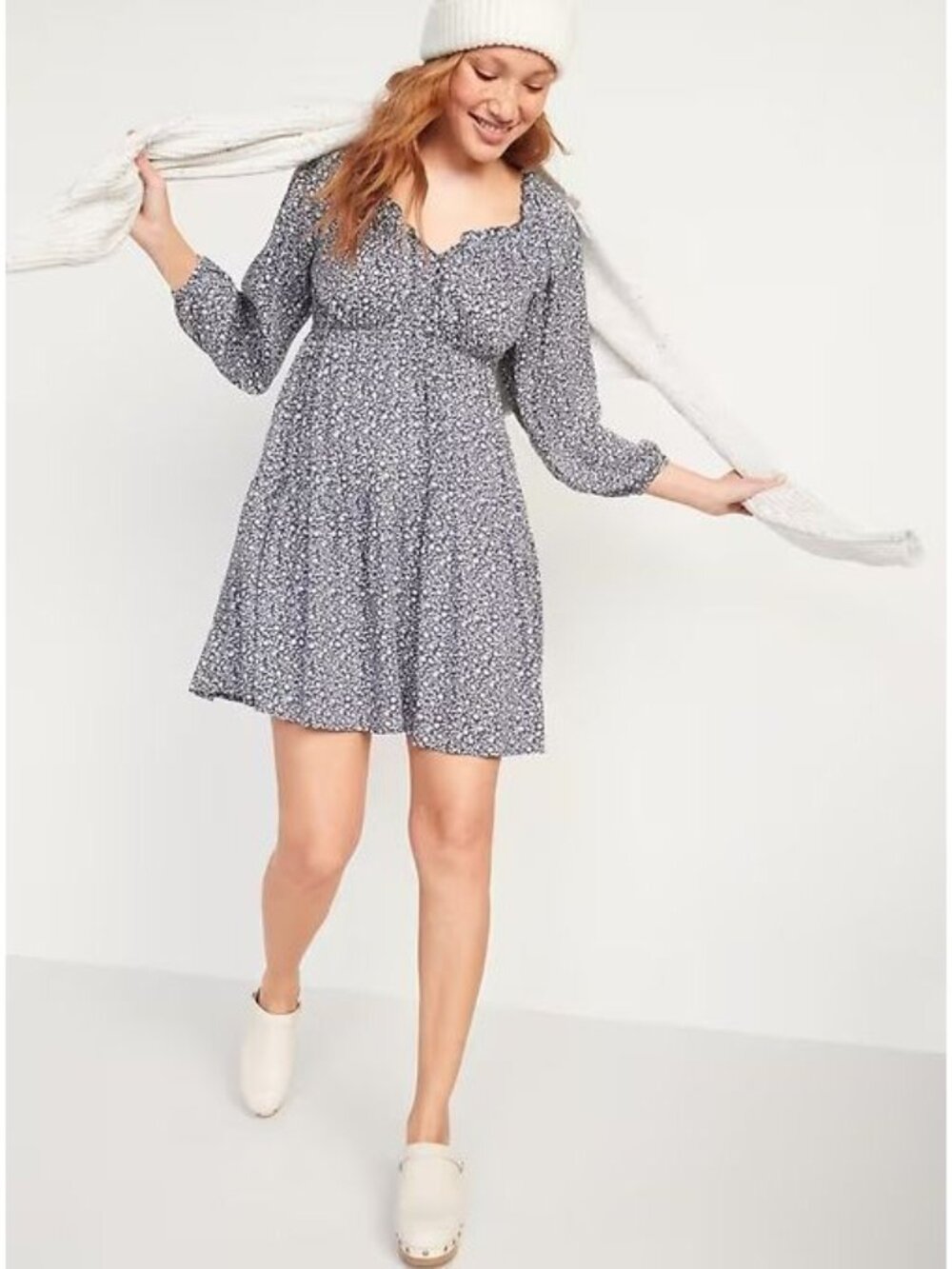 Old Navy Dress 2X Floral Print Poet Mini Swing Long Sleeve Navy Fairygoth Blue